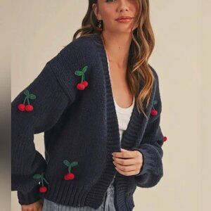 Cozy Black Cardigan with Cherry Embellishments